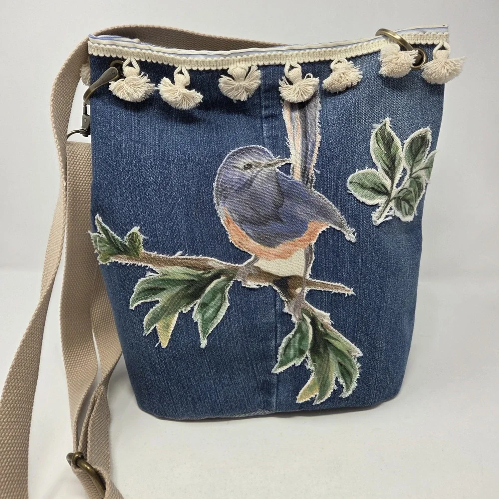 Handcrafted Upcycled Denim Bird Wildlife Tote HandBag Purse Adjustable Crossbody